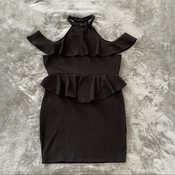 Black High Neck Cold Shoulder Peplum Style Dress - Picture 1 of 5